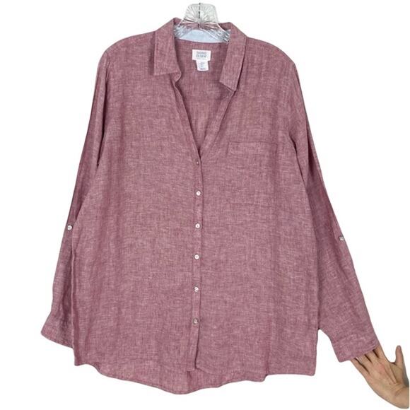 nwot SIGRID OLSEN Shirt Tunic L Linen RedMother-Pearl-Button-Up Roll-Tab-Long-sl - Picture 1 of 8